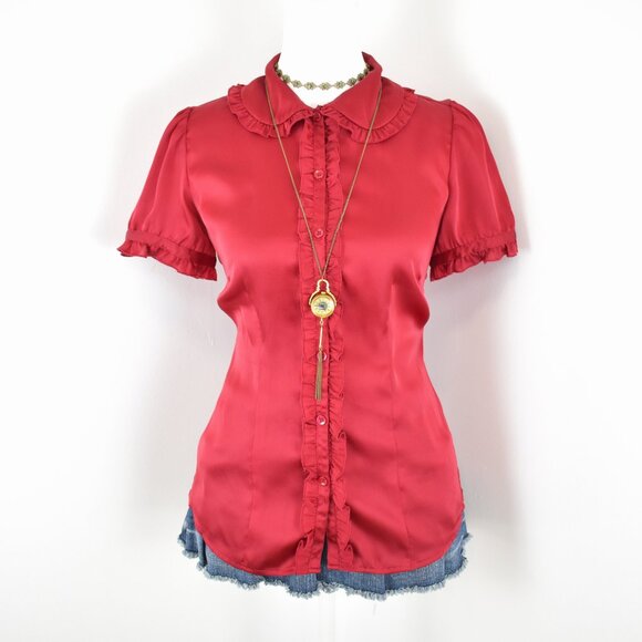 VTG 00s Y2K LOFT Red Satin Ruffle Trim Peter Pan Collar Button Up Blouse Sz 0 - Picture 1 of 8